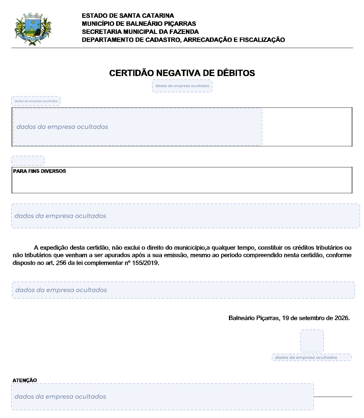 Modelo de Certidão Negativa de Débitos da Prefeitura de Balneário Piçarras, com os dados da empresa ocultados