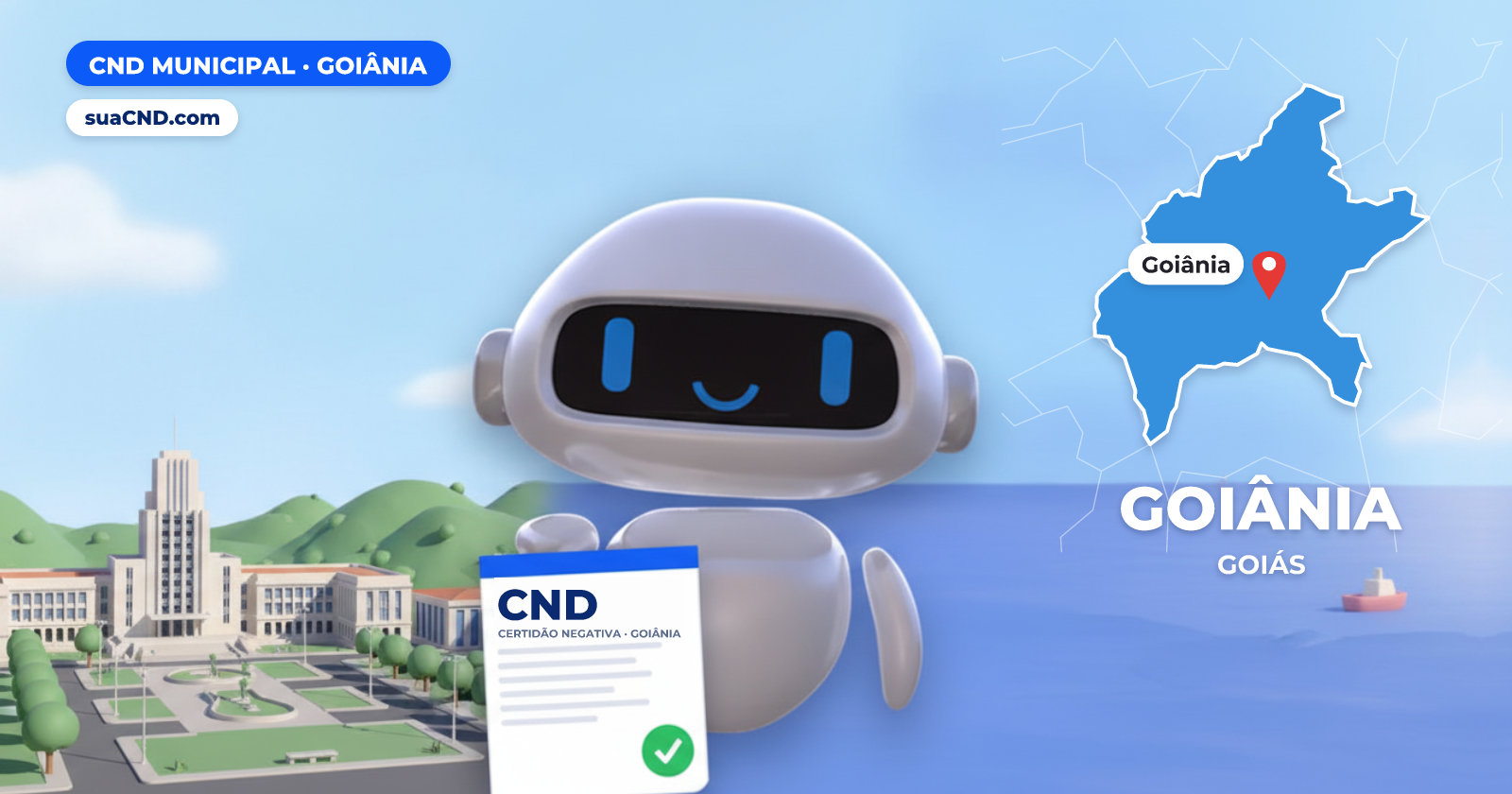 Mascote da suaCND segurando a CND Municipal de Goiânia, com o mapa de Goiânia e Praça Cívica, em Goiânia ao fundo