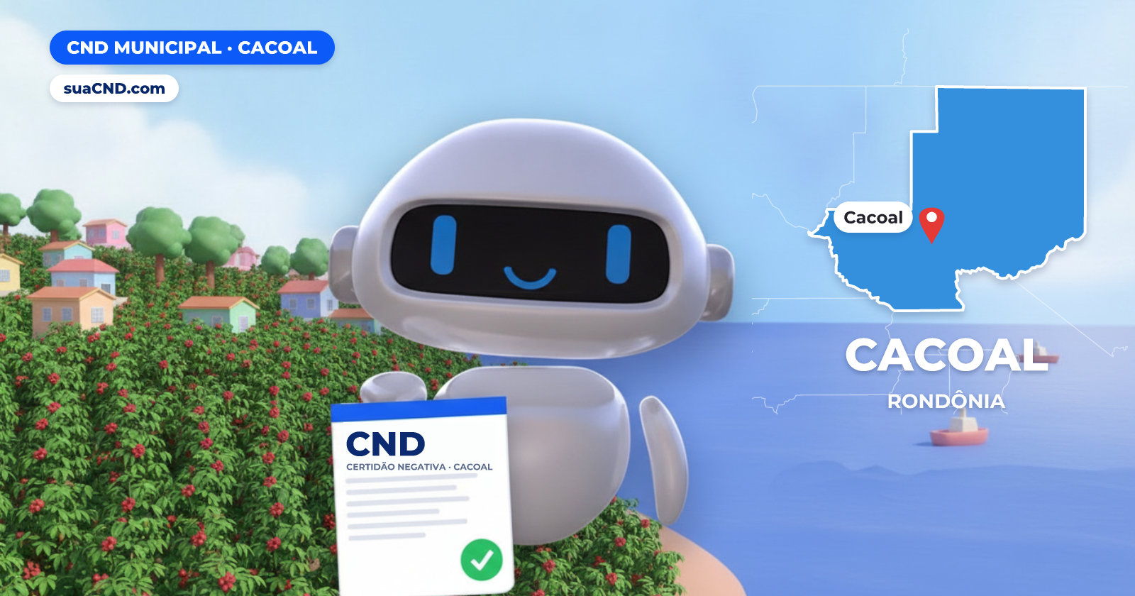Mascote da suaCND segurando a CND Municipal de Cacoal, com o mapa de Cacoal e Lavoura de café, símbolo da Capital do Café ao fundo