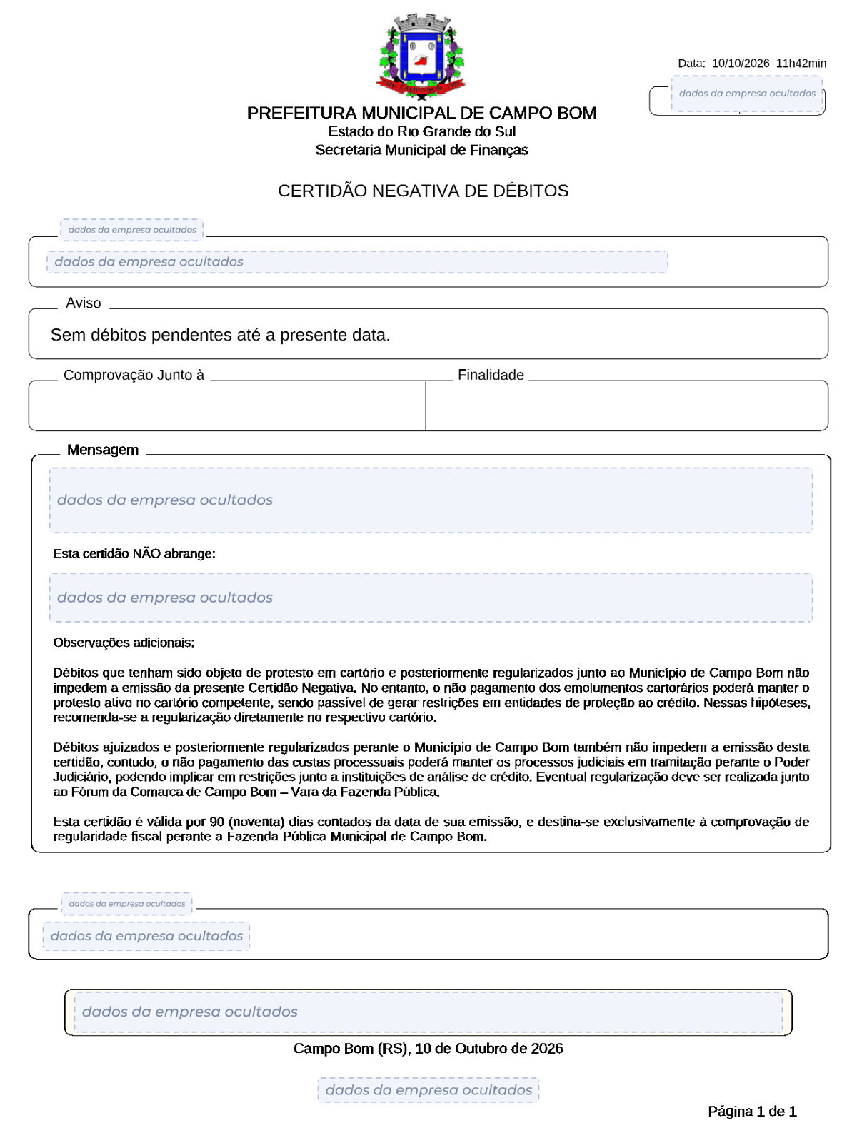 Modelo de Certidão Negativa de Débitos da Prefeitura de Campo Bom, com os dados da empresa ocultados