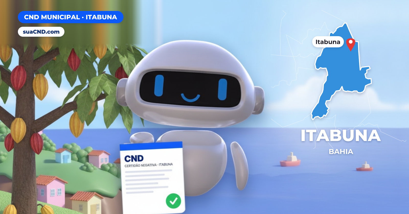 Mascote da suaCND segurando a CND Municipal de Itabuna, com o mapa de Itabuna e Cacau, a lavoura que identifica Itabuna, no sul da Bahia ao fundo