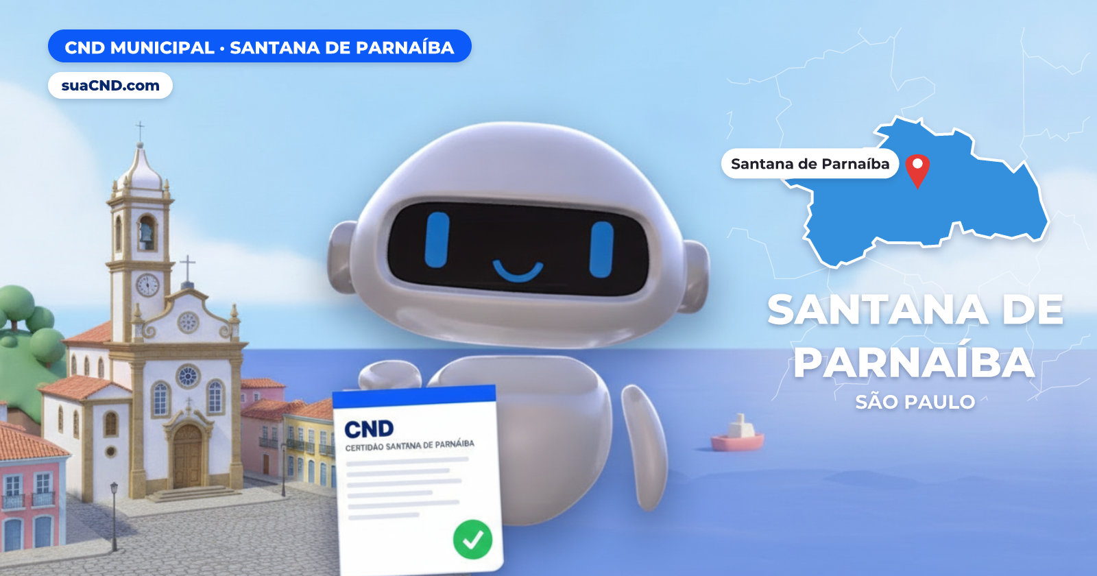 Mascote da suaCND segurando a CND Municipal de Santana de Parnaíba, com o mapa de Santana de Parnaíba e Igreja Matriz de Sant'Ana, no Centro Histórico de Santana de Parnaíba ao fundo