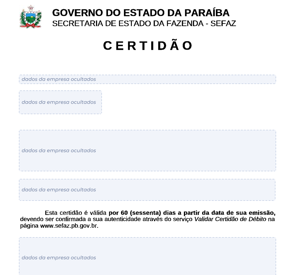 Modelo de Certidão Negativa de Débitos estaduais da Paraíba, com os dados da empresa ocultados