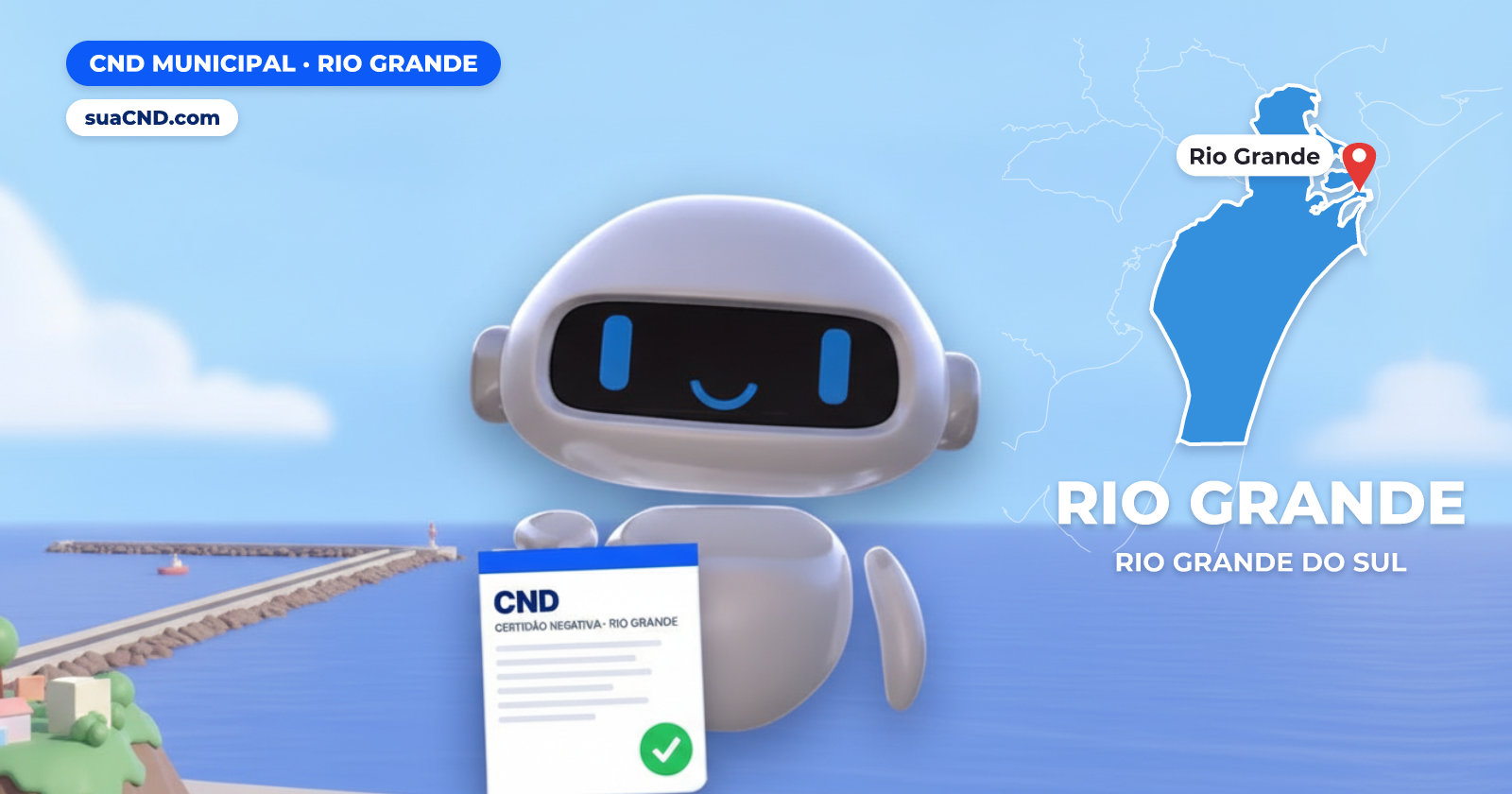 Mascote da suaCND segurando a CND Municipal de Rio Grande, com o mapa de Rio Grande e Molhes da Barra, em Rio Grande (RS) ao fundo