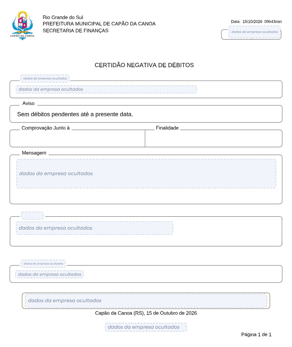Modelo de Certidão Negativa de Débitos da Prefeitura de Capão da Canoa, com os dados da empresa ocultados