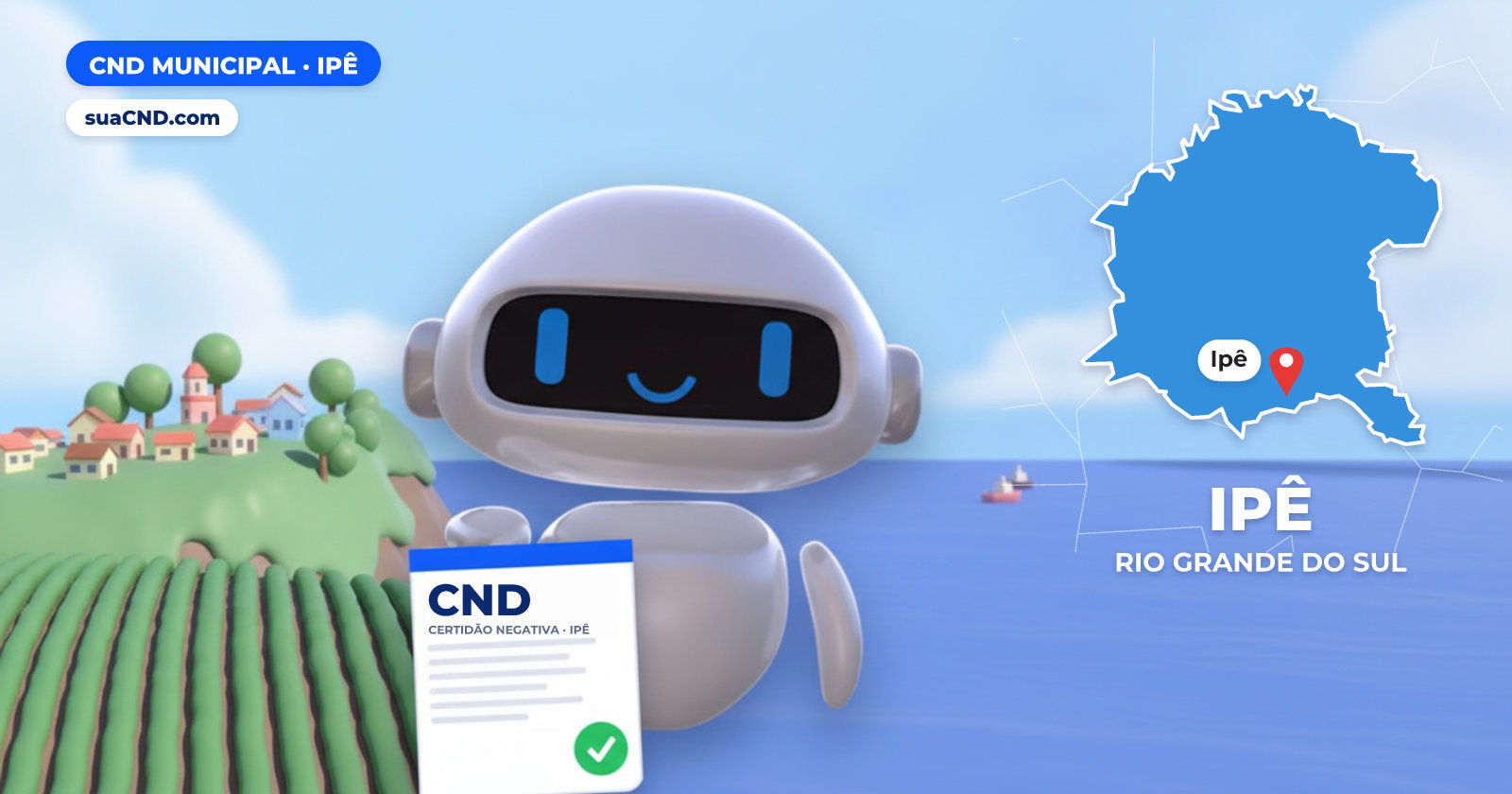 Mascote da suaCND segurando a CND Municipal de Ipê, com o mapa de Ipê e Lavouras ecológicas dos Campos de Cima da Serra, em Ipê (RS) ao fundo