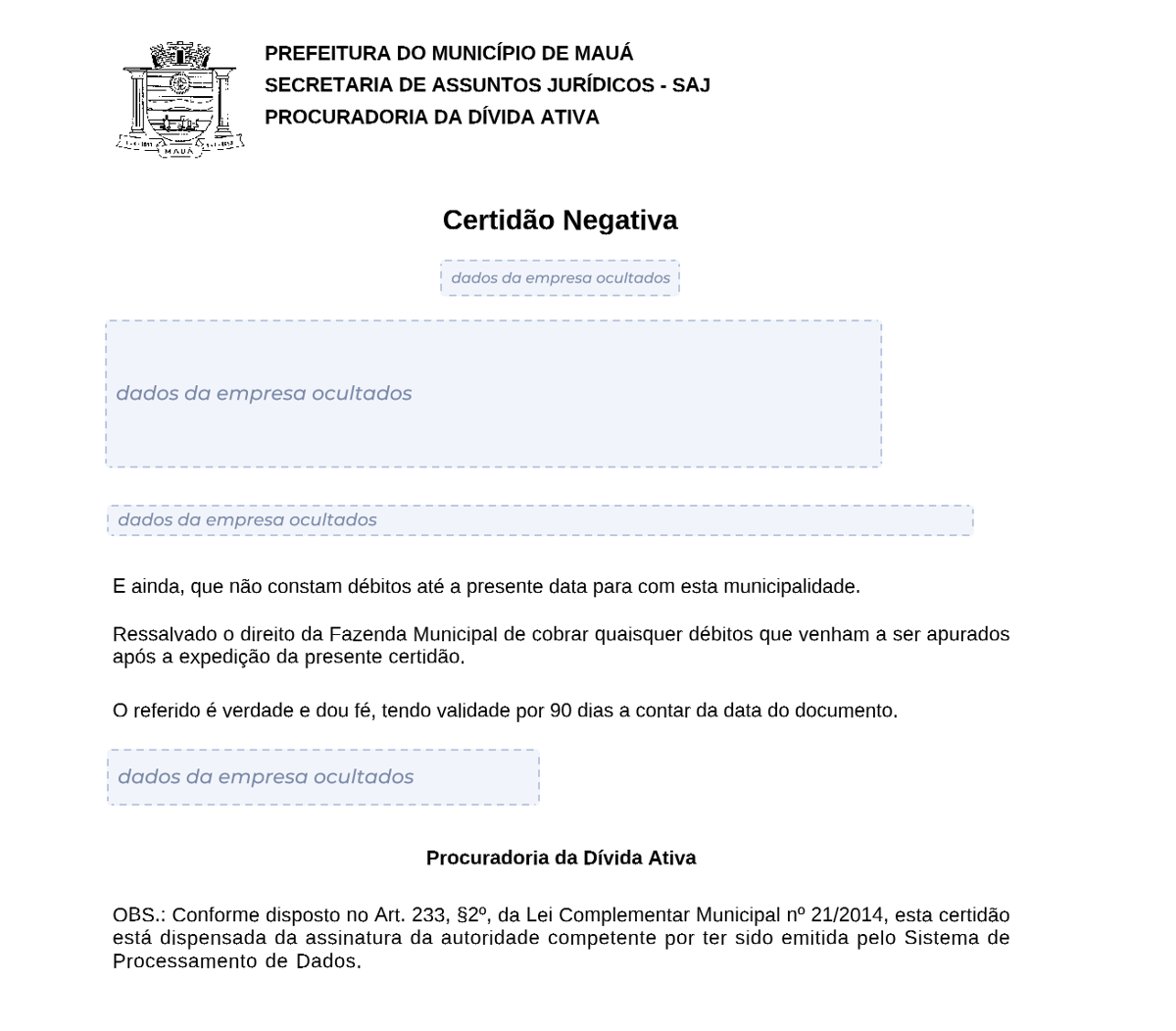 Modelo de Certidão Negativa de Débitos da Prefeitura de Mauá, com os dados da empresa ocultados