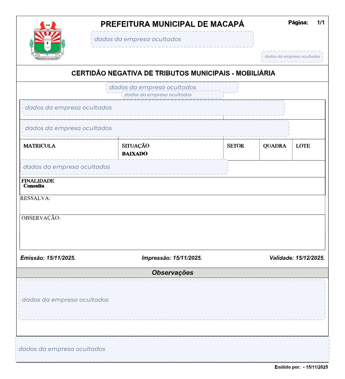 Modelo de Certidão Negativa de Débitos da Prefeitura de Macapá, com os dados da empresa ocultados