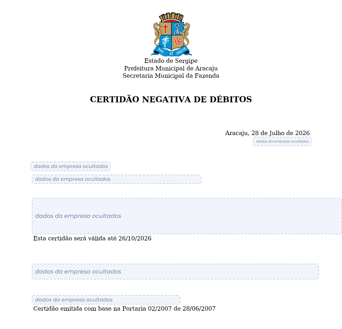 Modelo de Certidão Negativa de Débitos da Prefeitura de Aracaju, com os dados da empresa ocultados