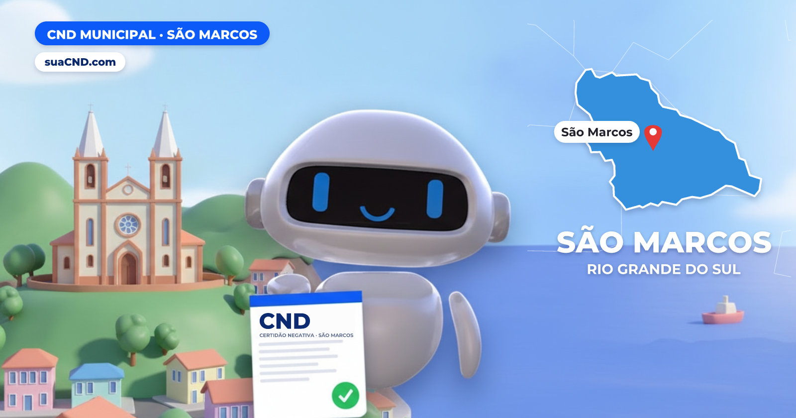 Mascote da suaCND segurando a CND Municipal de São Marcos, com o mapa de São Marcos e Igreja matriz de São Marcos (RS) ao fundo