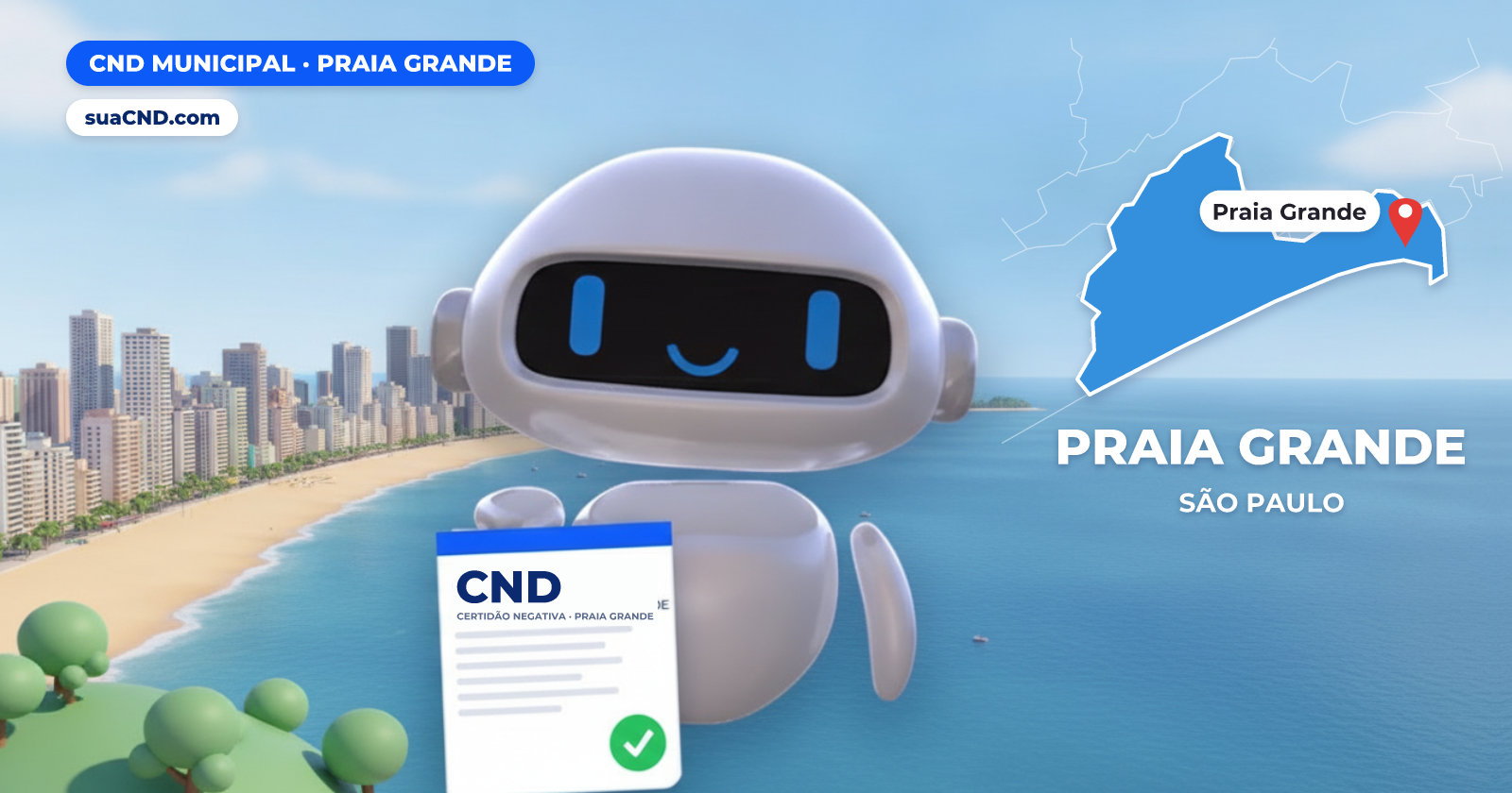 Mascote da suaCND segurando a CND Municipal de Praia Grande, com o mapa de Praia Grande e Orla da Praia Grande, com a faixa de areia e os prédios à beira-mar ao fundo