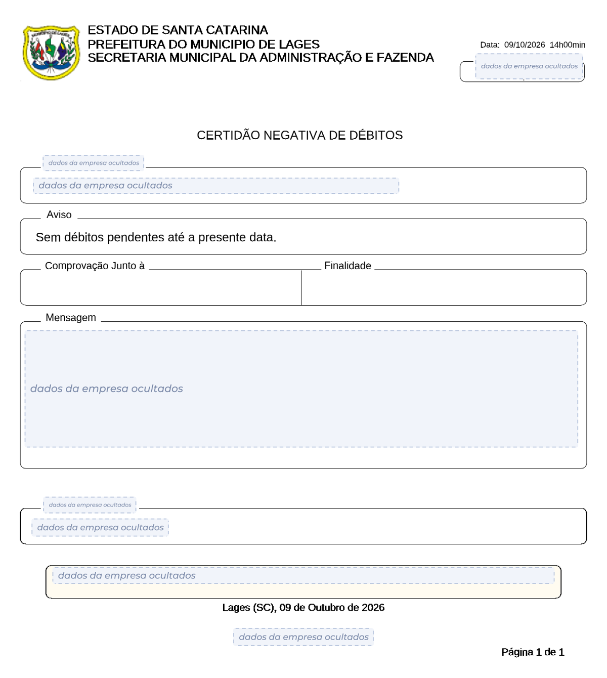 Modelo de Certidão Negativa de Débitos da Prefeitura de Lages, com os dados da empresa ocultados