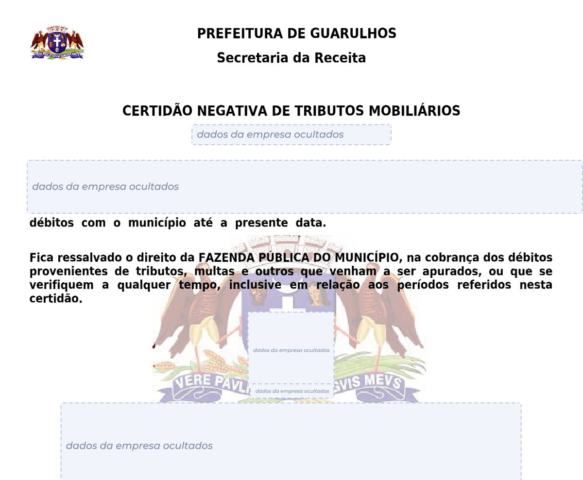 Modelo de Certidão Negativa de Débitos da Prefeitura de Guarulhos, com os dados da empresa ocultados