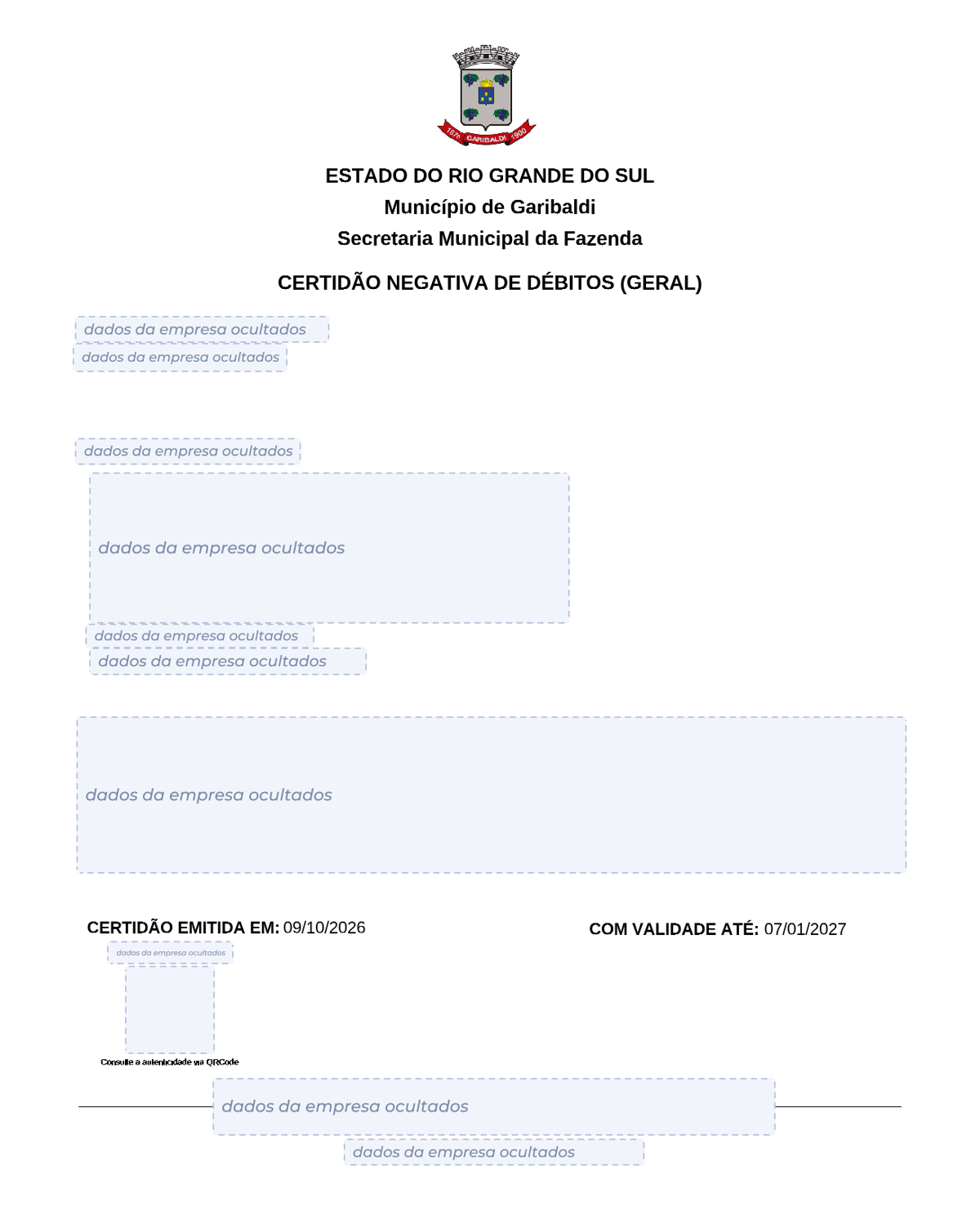 Modelo de Certidão Negativa de Débitos da Prefeitura de Garibaldi, com os dados da empresa ocultados