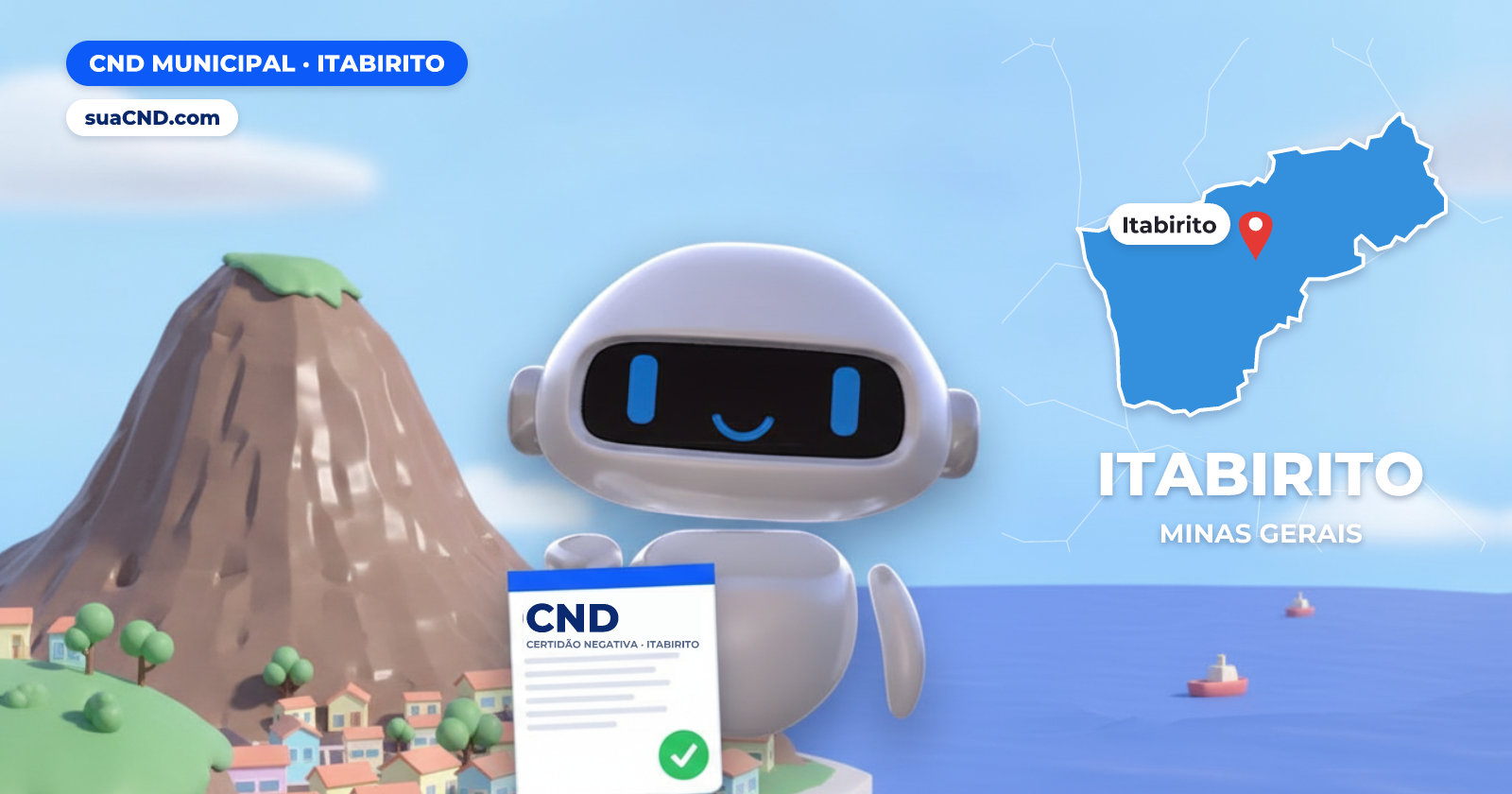 Mascote da suaCND segurando a CND Municipal de Itabirito, com o mapa de Itabirito e Pico do Itabirito, Itabirito (MG) ao fundo