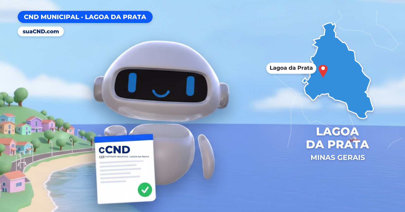Mascote da suaCND segurando a CND Municipal de Lagoa da Prata, com o mapa de Lagoa da Prata e Praia Municipal e lagoa de Lagoa da Prata (MG) ao fundo