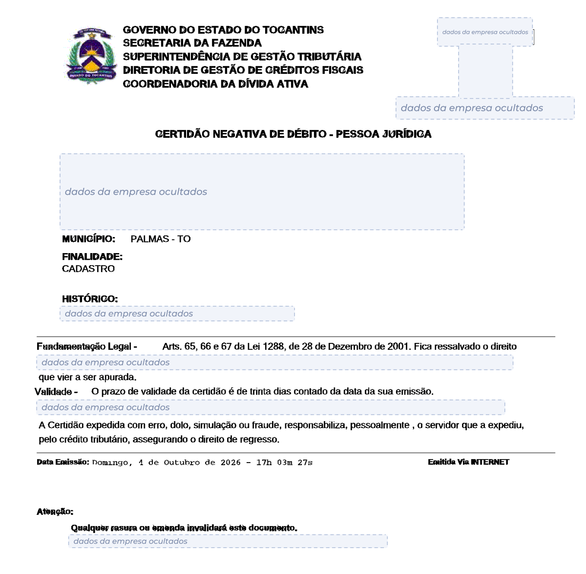 Modelo de Certidão Negativa de Débitos estaduais de Tocantins, com os dados da empresa ocultados