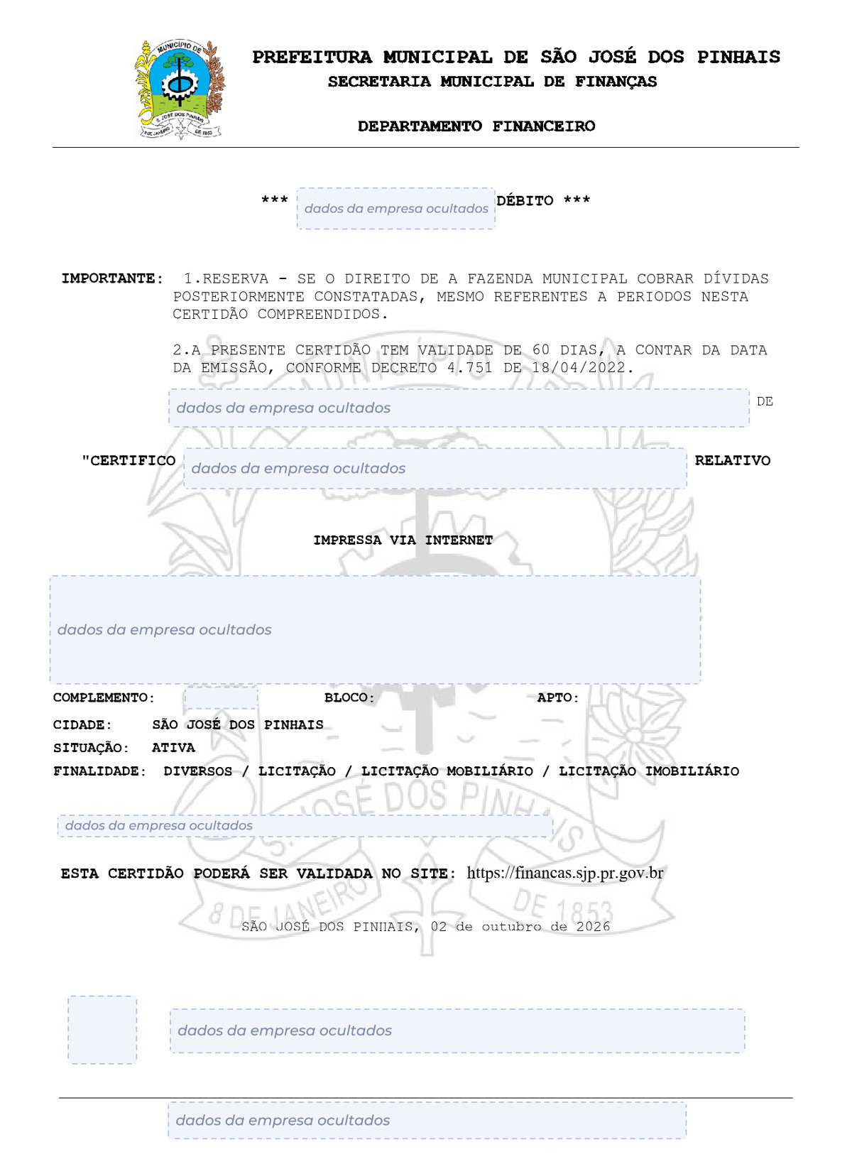 Modelo de Certidão Negativa de Débitos da Prefeitura de São José dos Pinhais, com os dados da empresa ocultados