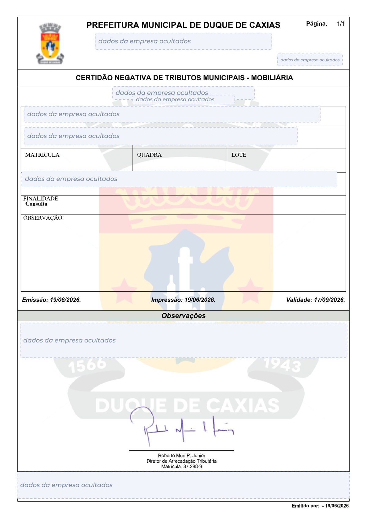 Modelo de Certidão Negativa de Débitos da Prefeitura de Duque de Caxias, com os dados da empresa ocultados