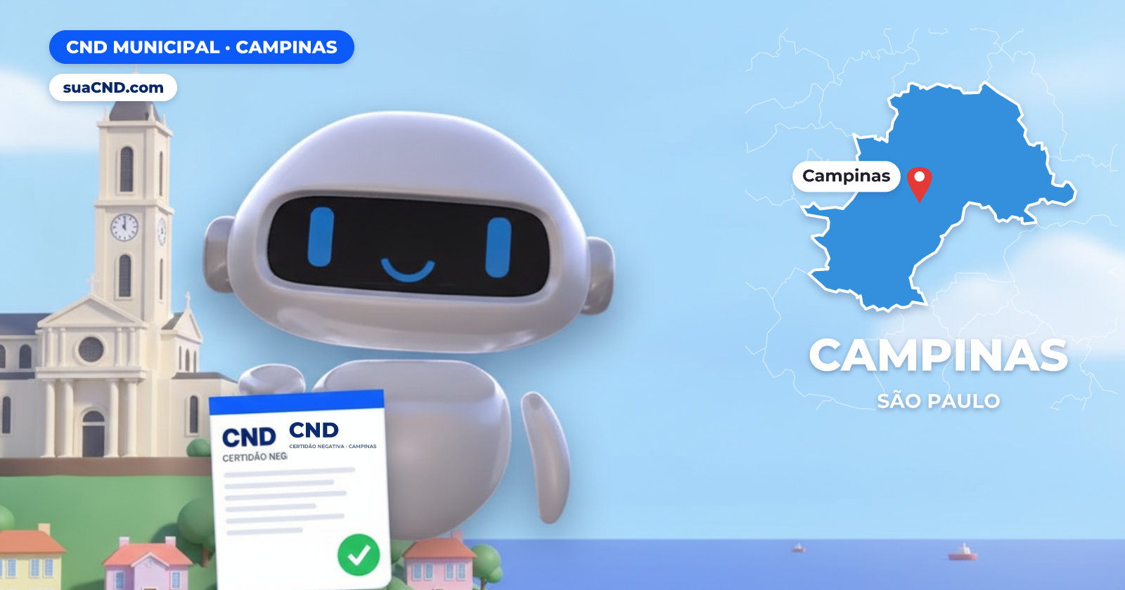 Mascote da suaCND segurando a CND Municipal de Campinas, com o mapa de Campinas e Catedral Metropolitana de Campinas ao fundo