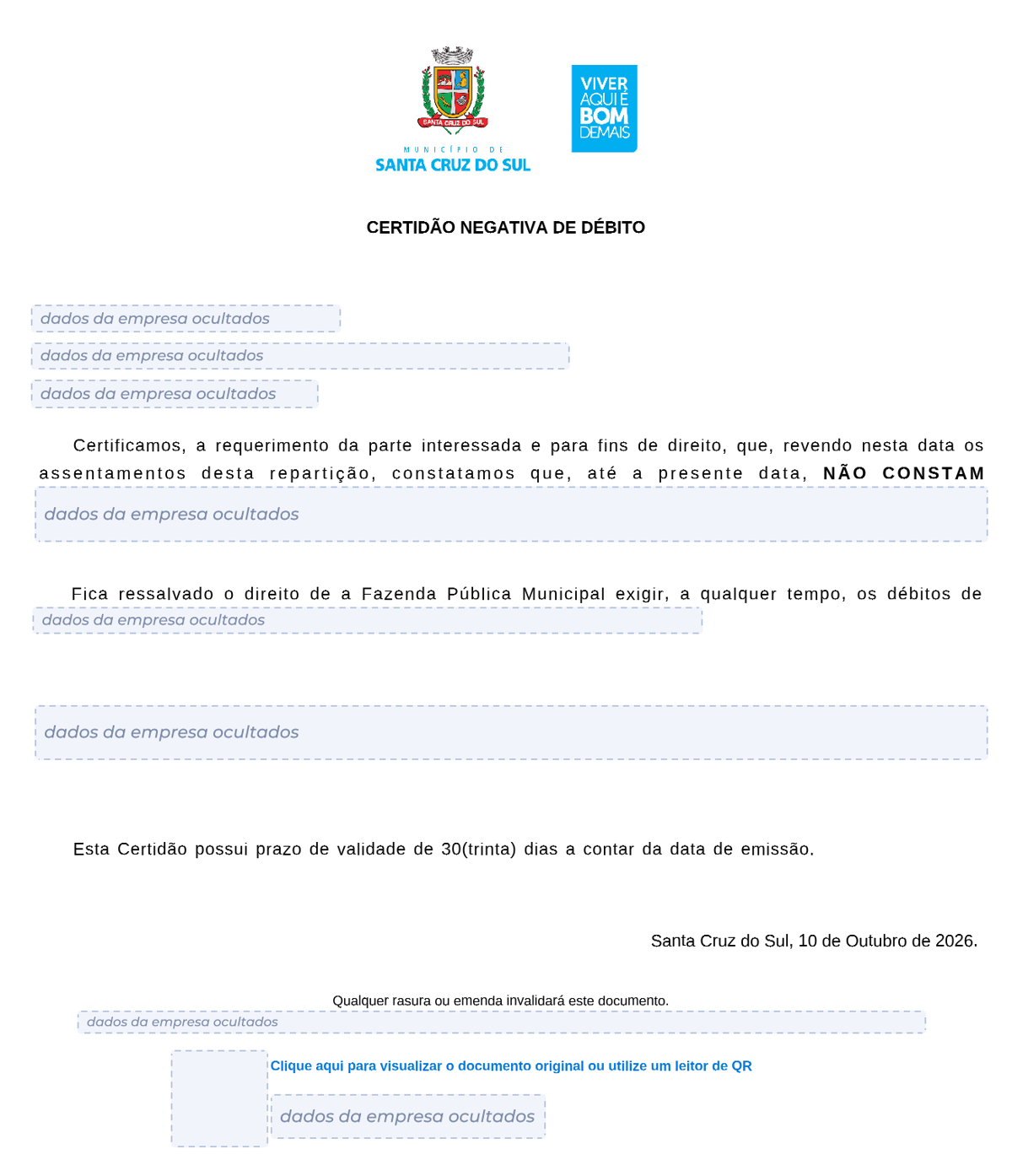 Modelo de Certidão Negativa de Débitos da Prefeitura de Santa Cruz do Sul, com os dados da empresa ocultados