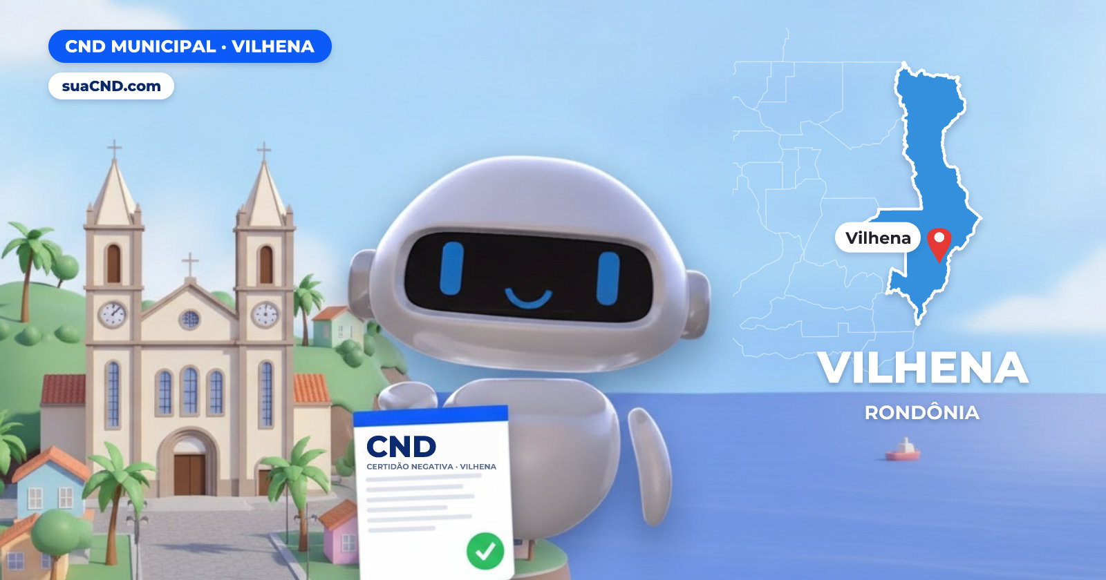 Mascote da suaCND segurando a CND Municipal de Vilhena, com o mapa de Vilhena e Igreja de Nossa Senhora Aparecida, em frente à praça central de Vilhena ao fundo