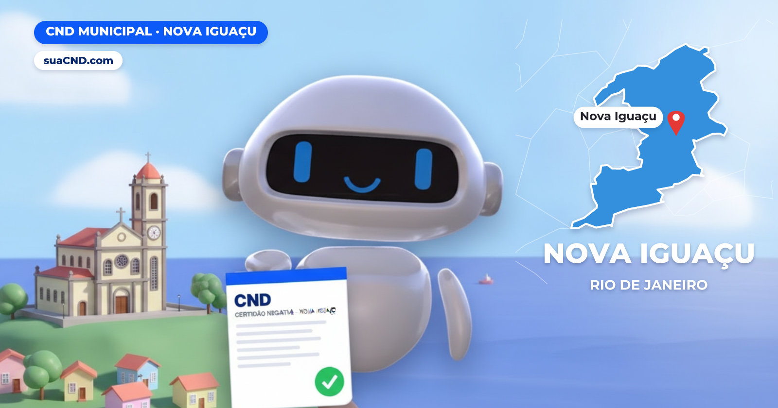 Mascote da suaCND segurando a CND Municipal de Nova Iguaçu, com o mapa de Nova Iguaçu e Catedral de Santo Antônio de Jacutinga, em Nova Iguaçu (RJ) ao fundo