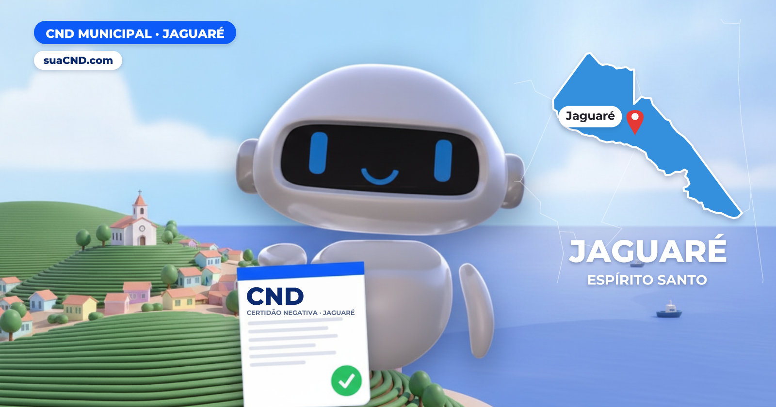 Mascote da suaCND segurando a CND municipal de Jaguaré, com o mapa do município e as lavouras ao fundo