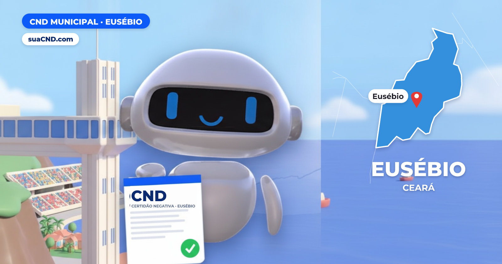 Mascote da suaCND segurando a CND Municipal de Eusébio, com o mapa de Eusébio e Autódromo Internacional Virgílio Távora, em Eusébio (CE) ao fundo
