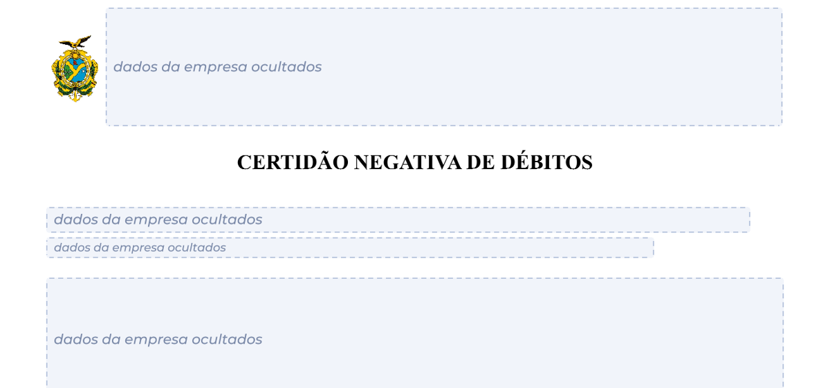 Modelo de Certidão Negativa de Débitos estaduais de Amazonas, com os dados da empresa ocultados