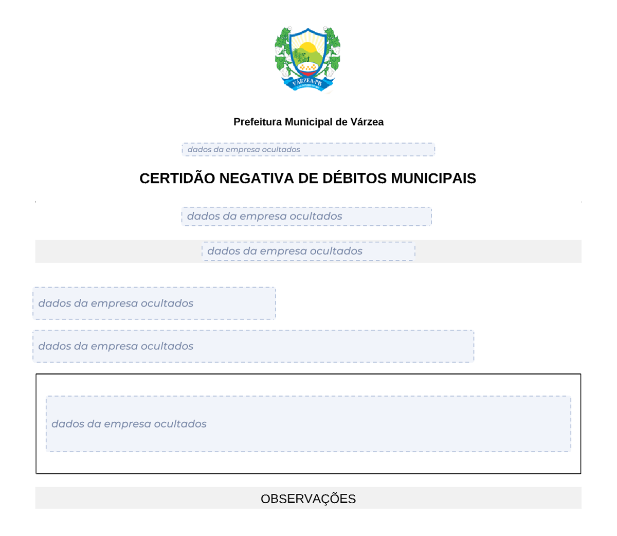 Modelo de Certidão Negativa de Débitos da Prefeitura de Várzea, com os dados da empresa ocultados