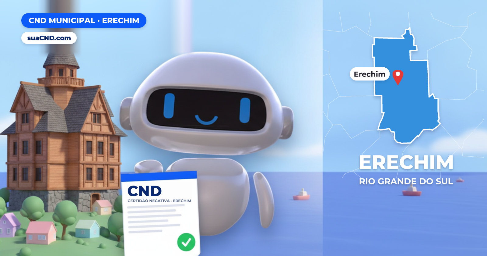 Mascote da suaCND segurando a CND Municipal de Erechim, com o mapa de Erechim e Castelinho de Erechim, símbolo da cidade ao fundo