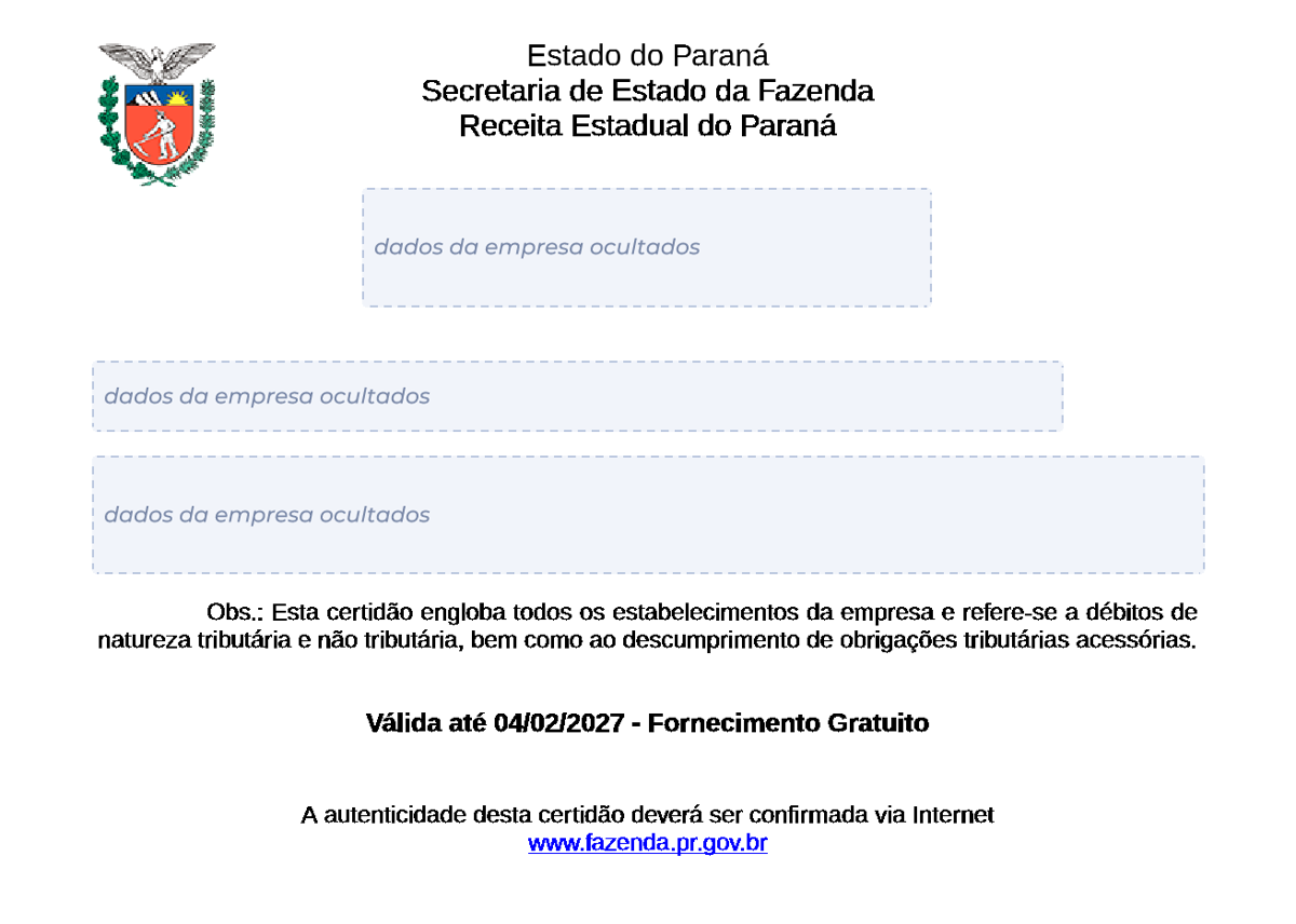 Modelo de Certidão Negativa de Débitos estaduais do Paraná, com os dados da empresa ocultados