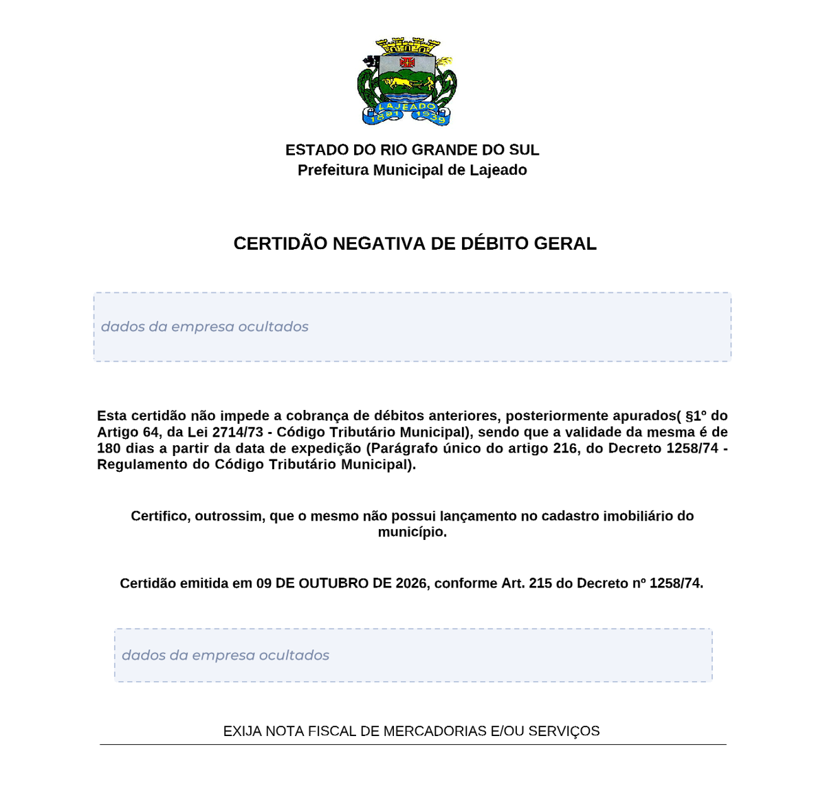 Modelo de Certidão Negativa de Débitos da Prefeitura de Lajeado, com os dados da empresa ocultados