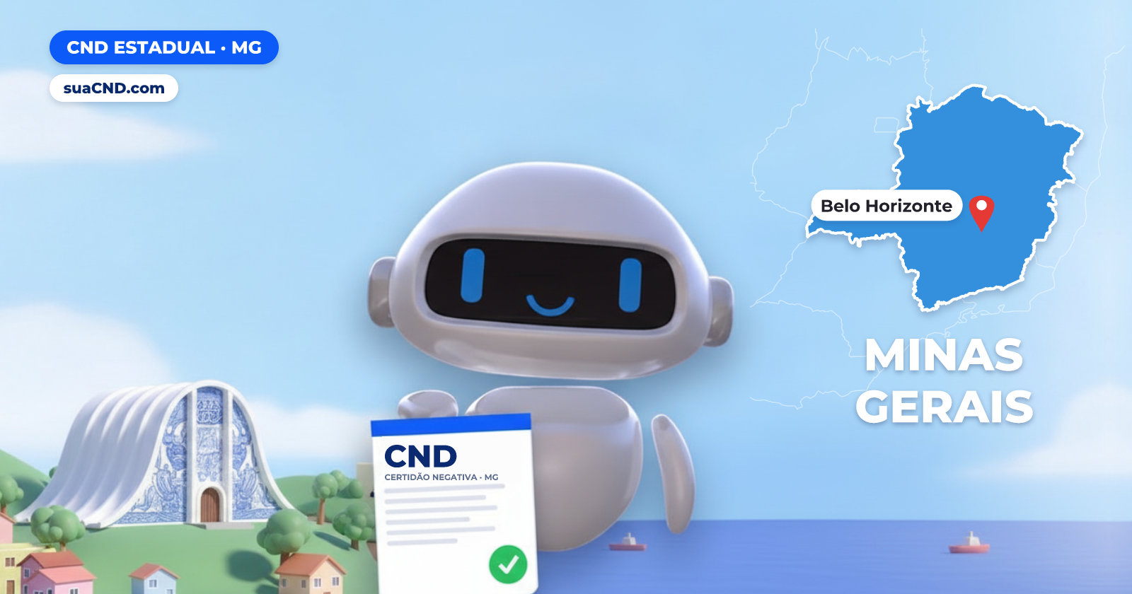 Mascote da suaCND segurando a CND Estadual, com o mapa de Minas Gerais e Igreja de São Francisco de Assis (Igrejinha da Pampulha), em Belo Horizonte ao fundo