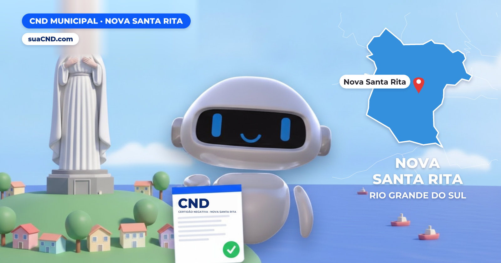 Mascote da suaCND segurando a CND Municipal de Nova Santa Rita, com o mapa de Nova Santa Rita e Monumento à Padroeira (estátua de Santa Rita de Cássia), na entrada da cidade pela BR-386 ao fundo