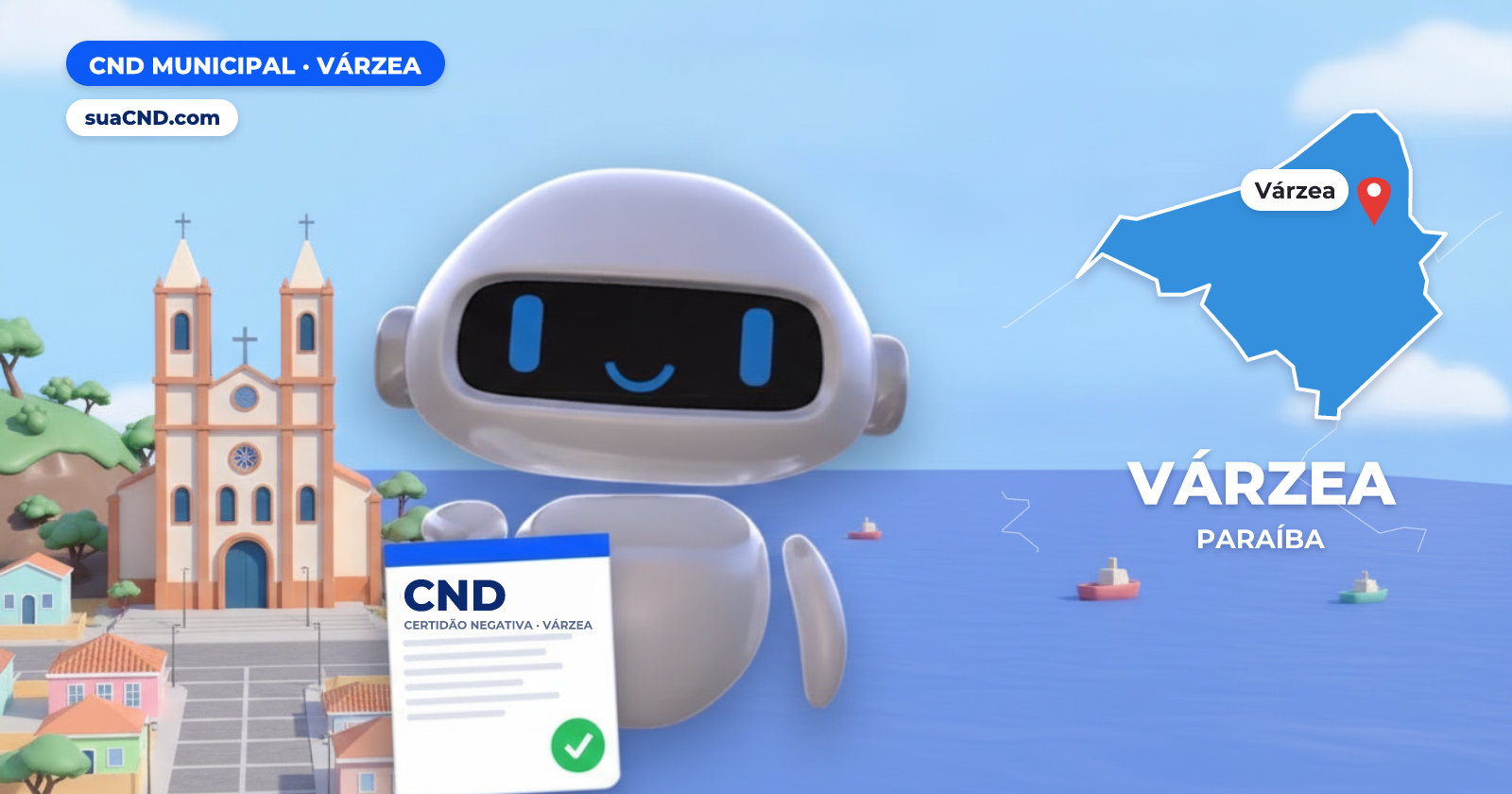 Mascote da suaCND segurando a CND Municipal de Várzea, com o mapa de Várzea e Igreja matriz de Várzea (PB) ao fundo