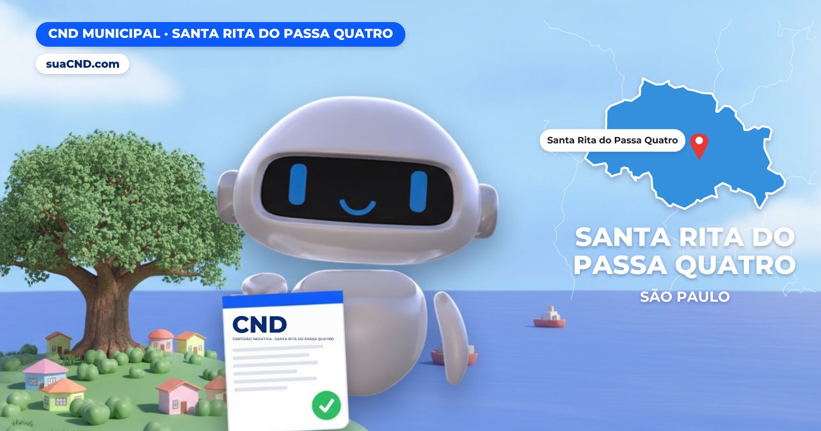 Mascote da suaCND segurando a CND Municipal de Santa Rita do Passa Quatro, com o mapa de Santa Rita do Passa Quatro e Parque Estadual de Vassununga e sua árvore centenária ao fundo