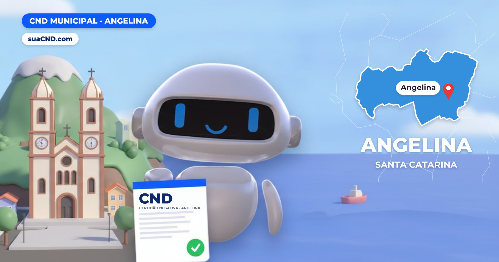 Mascote da suaCND segurando a CND Municipal de Angelina, com o mapa de Angelina e Igreja Matriz do Santuário Nossa Senhora de Angelina, com duas torres, em frente à Praça Nicolau Kretzer ao fundo