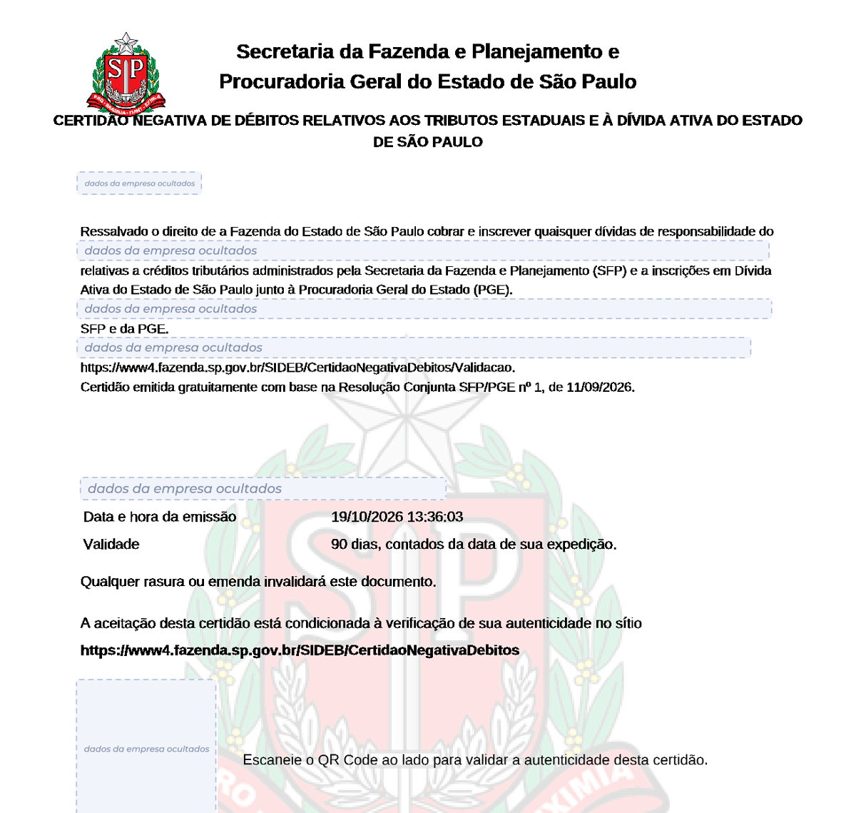 Modelo de Certidão Negativa de Débitos estaduais de São Paulo, com os dados da empresa ocultados