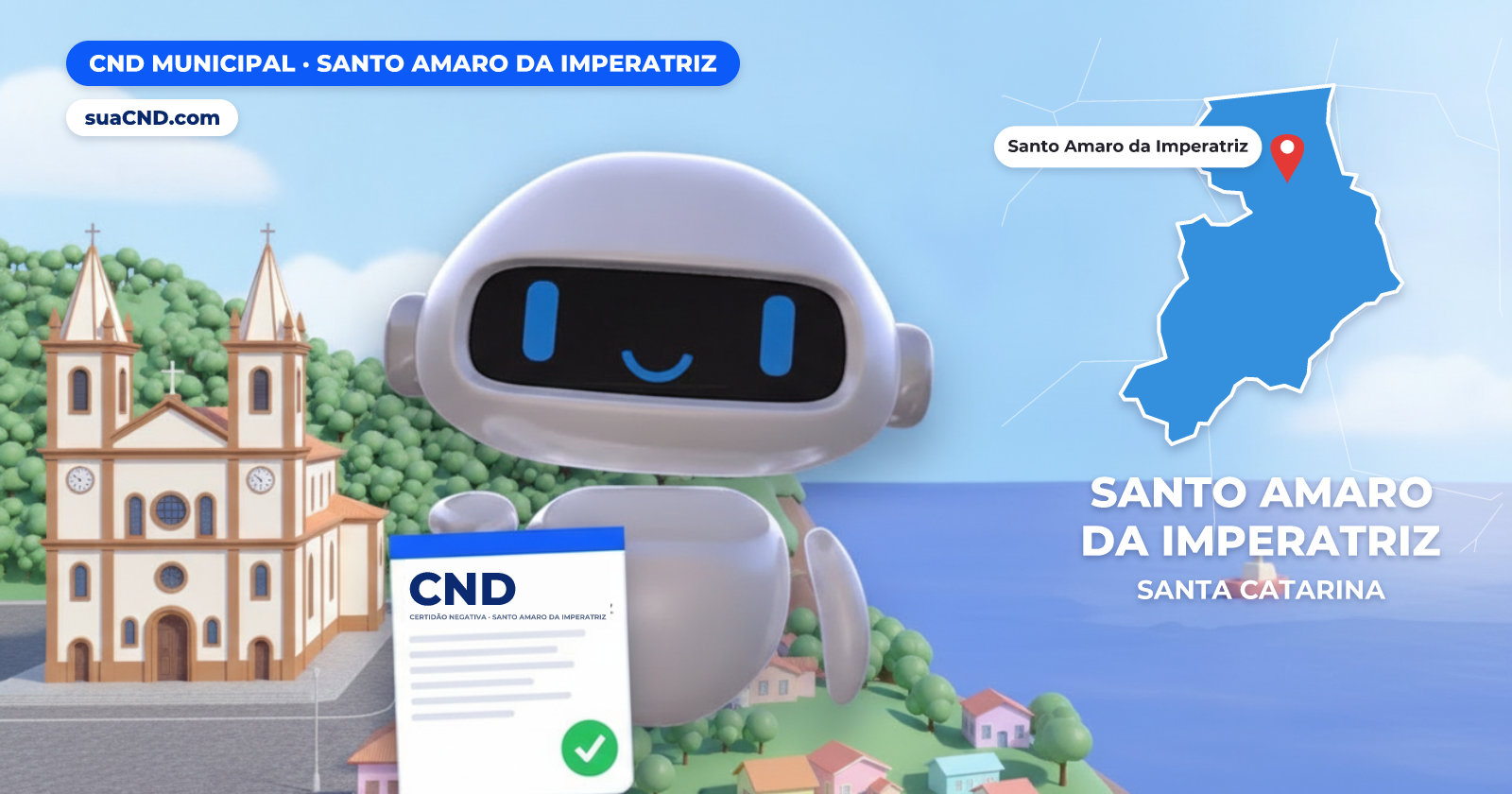 Mascote da suaCND segurando a CND Municipal de Santo Amaro da Imperatriz, com o mapa de Santo Amaro da Imperatriz e Igreja do centro de Santo Amaro da Imperatriz, com a Serra do Tabuleiro ao fundo ao fundo