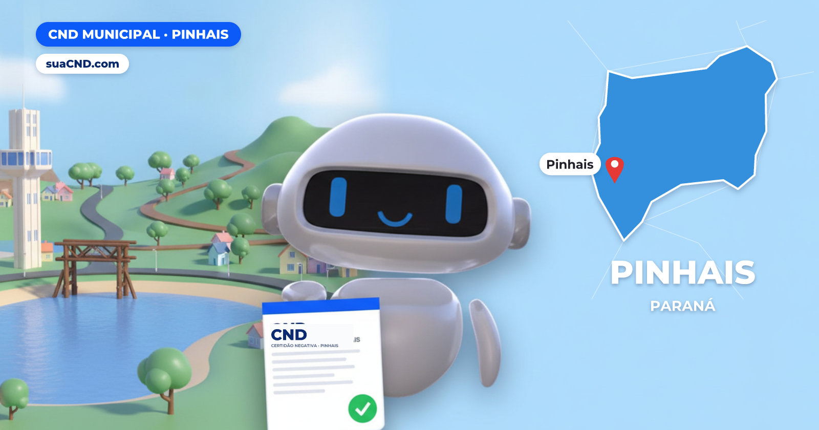 Mascote da suaCND segurando a CND Municipal de Pinhais, com o mapa de Pinhais e Parque das Águas, cartão-postal de Pinhais ao fundo