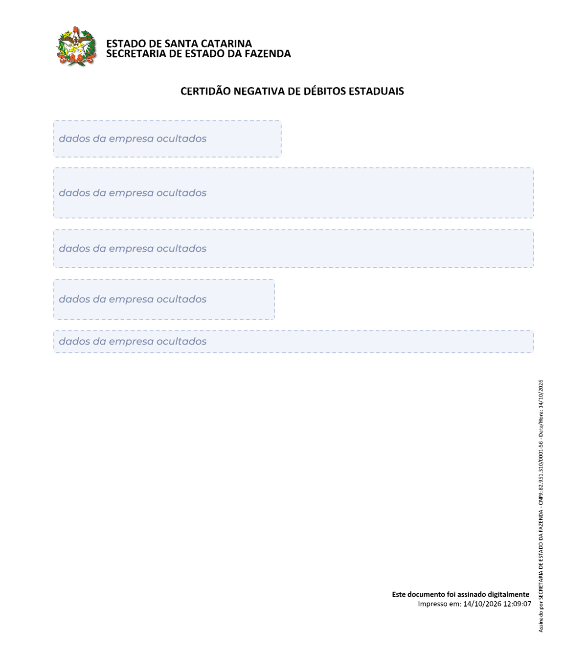 Modelo de Certidão Negativa de Débitos estaduais de Santa Catarina, com os dados da empresa ocultados