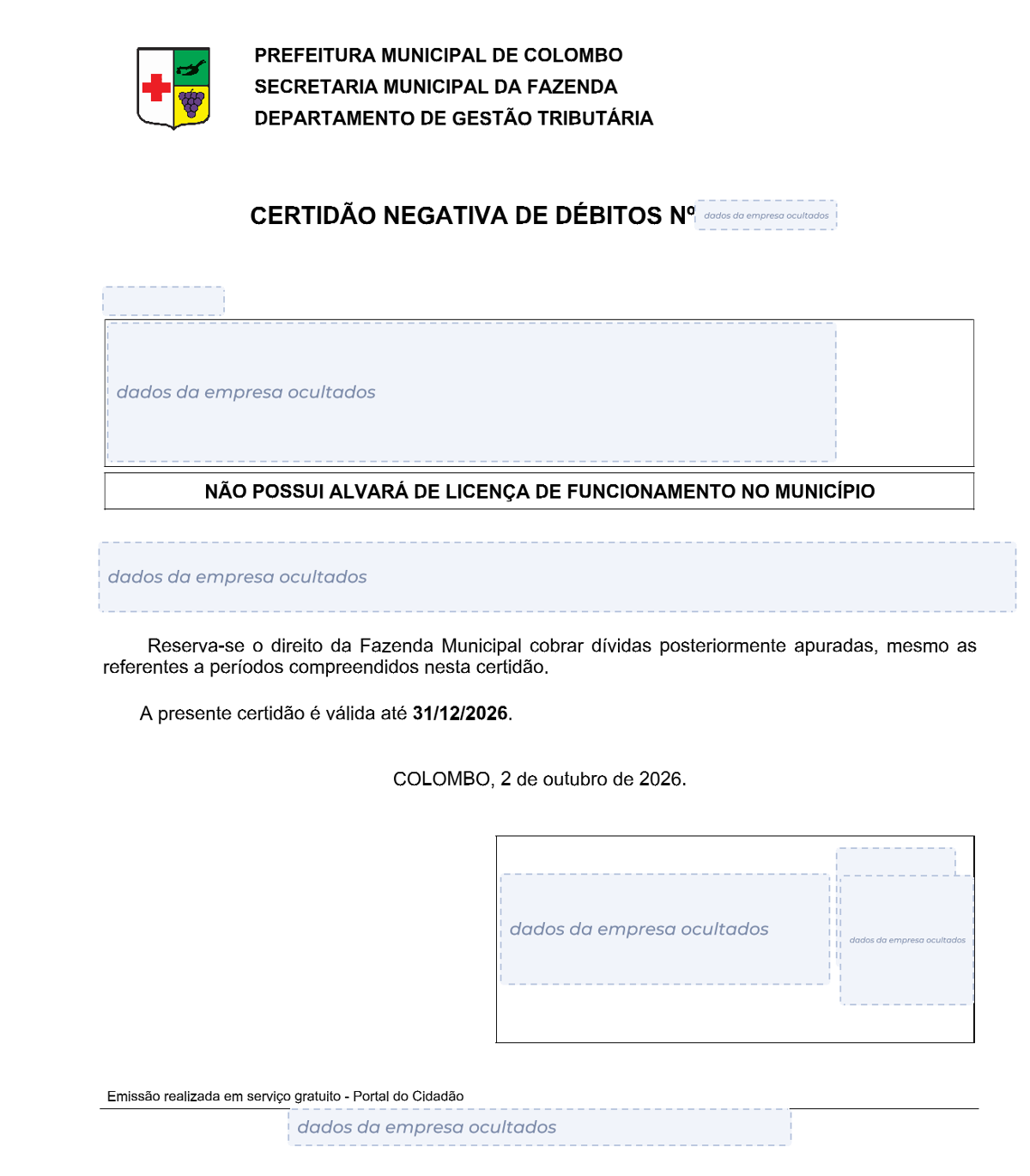 Modelo de Certidão Negativa de Débitos da Prefeitura de Colombo, com os dados da empresa ocultados