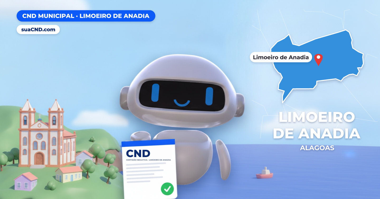 Mascote da suaCND segurando a CND Municipal de Limoeiro de Anadia, com o mapa de Limoeiro de Anadia e Igreja Matriz de Nossa Senhora da Conceição, em Limoeiro de Anadia ao fundo