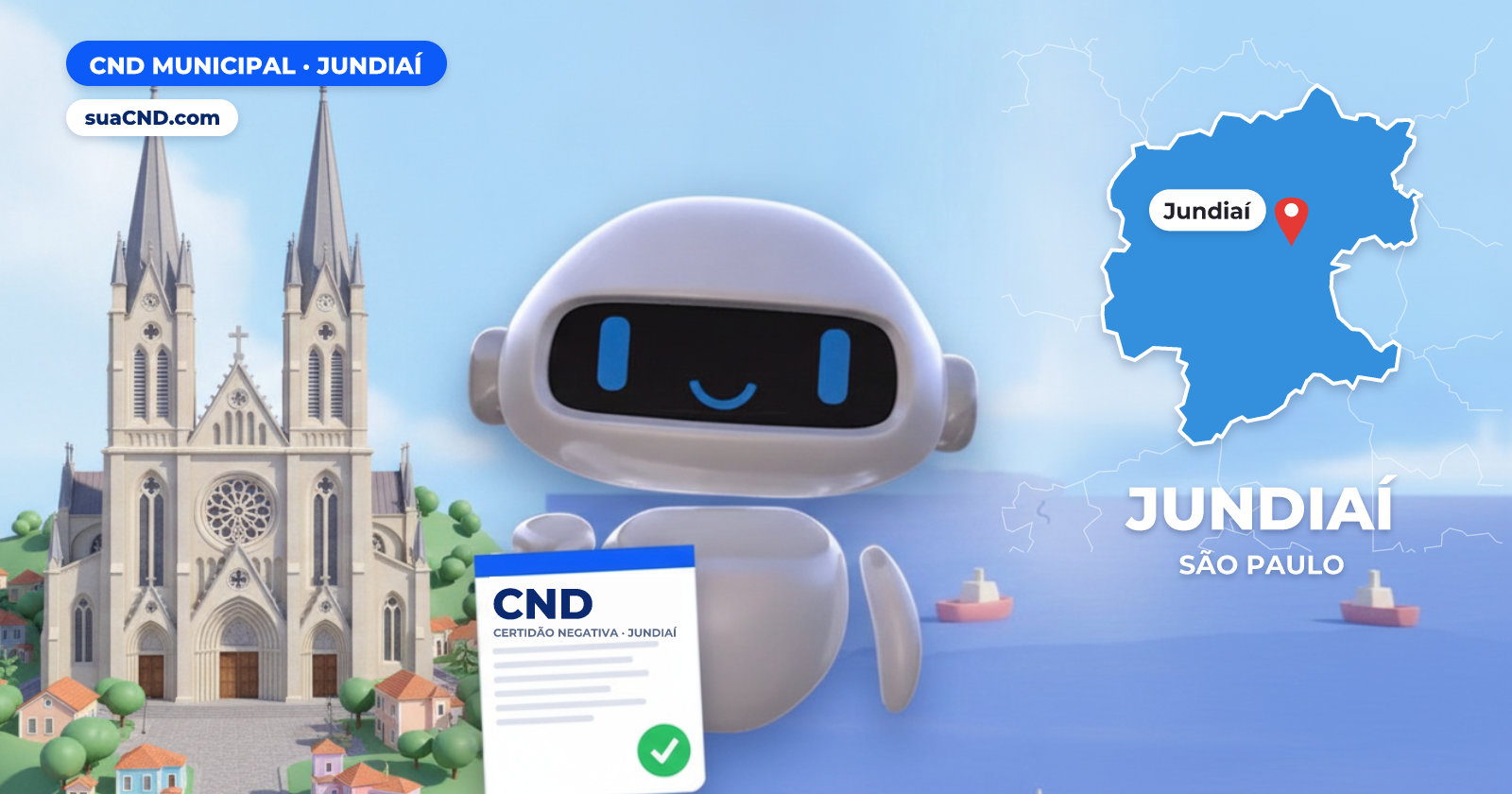 Mascote da suaCND segurando a CND Municipal de Jundiaí, com o mapa de Jundiaí e Catedral Nossa Senhora do Desterro, em Jundiaí ao fundo