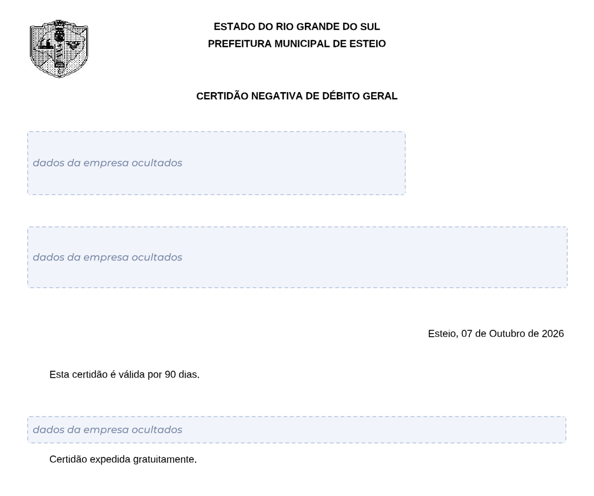 Modelo de Certidão Negativa de Débitos da Prefeitura de Esteio, com os dados da empresa ocultados