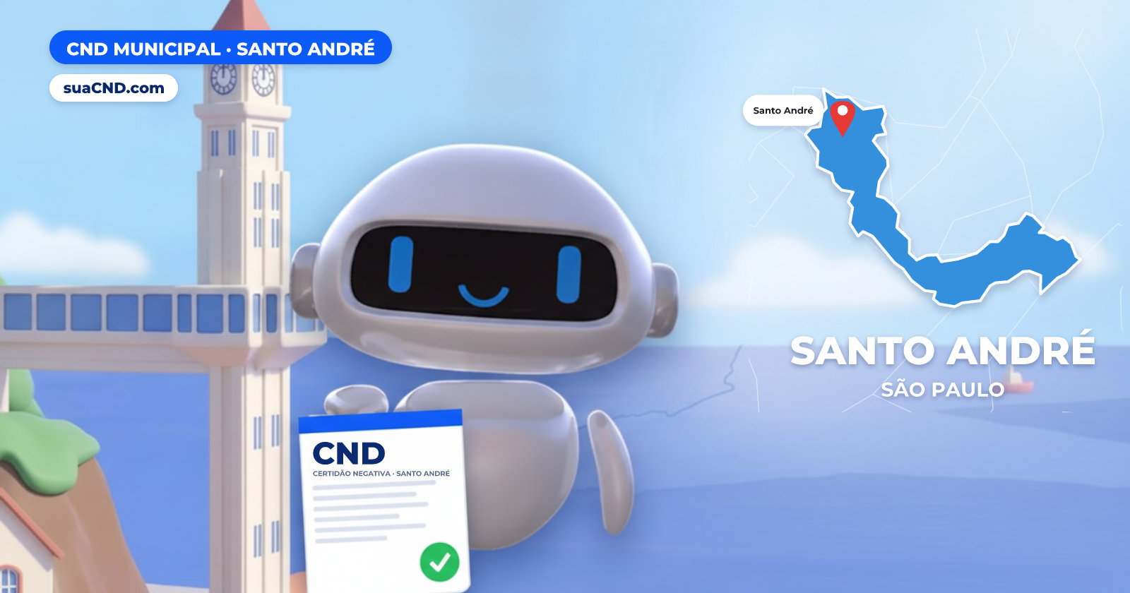 Mascote da suaCND segurando a CND Municipal de Santo André, com o mapa de Santo André e Torre do relógio da Vila de Paranapiacaba, em Santo André ao fundo
