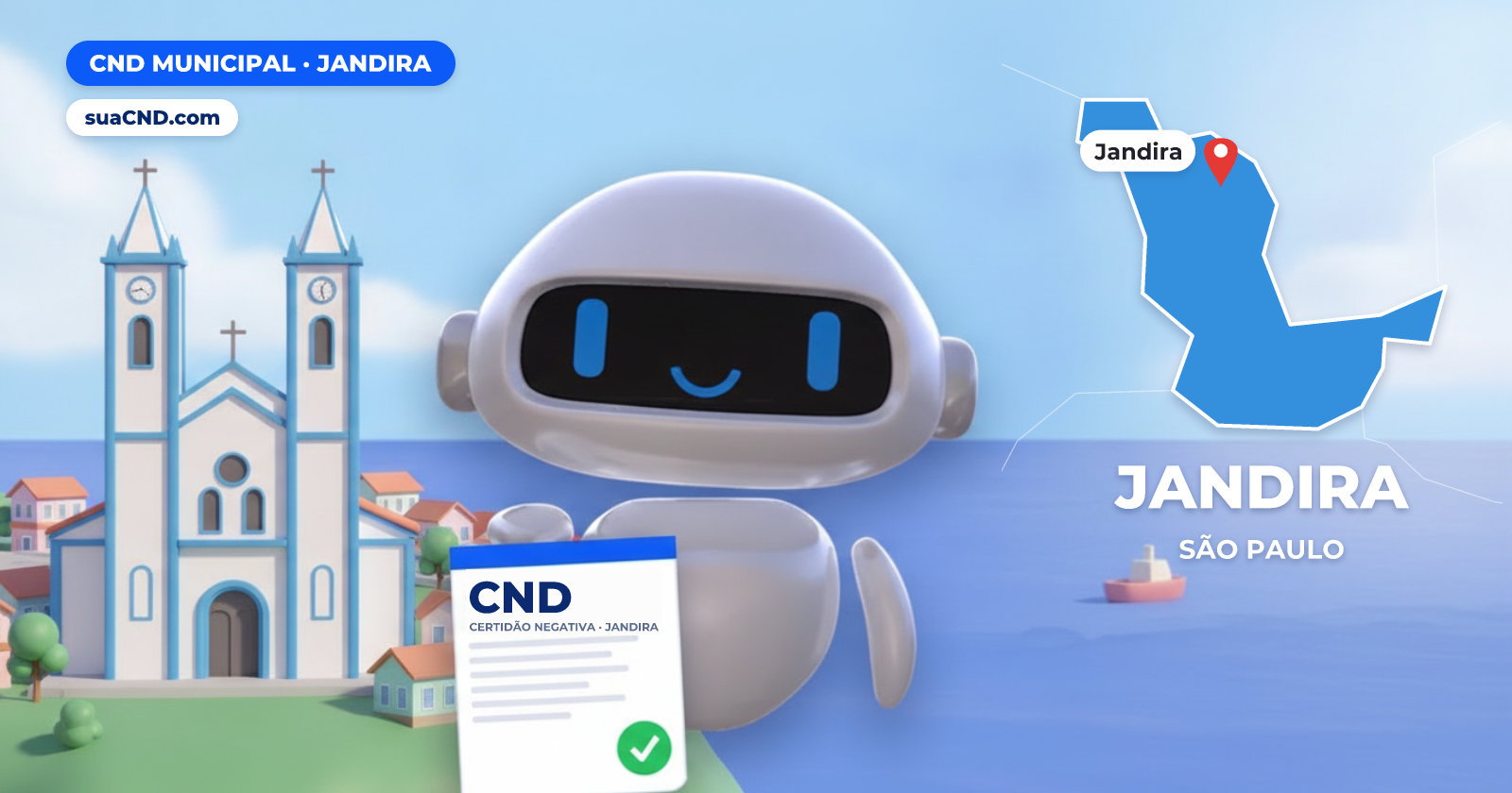 Mascote da suaCND segurando a CND Municipal de Jandira, com o mapa de Jandira e Igreja Matriz Nossa Senhora Aparecida, em Jandira ao fundo
