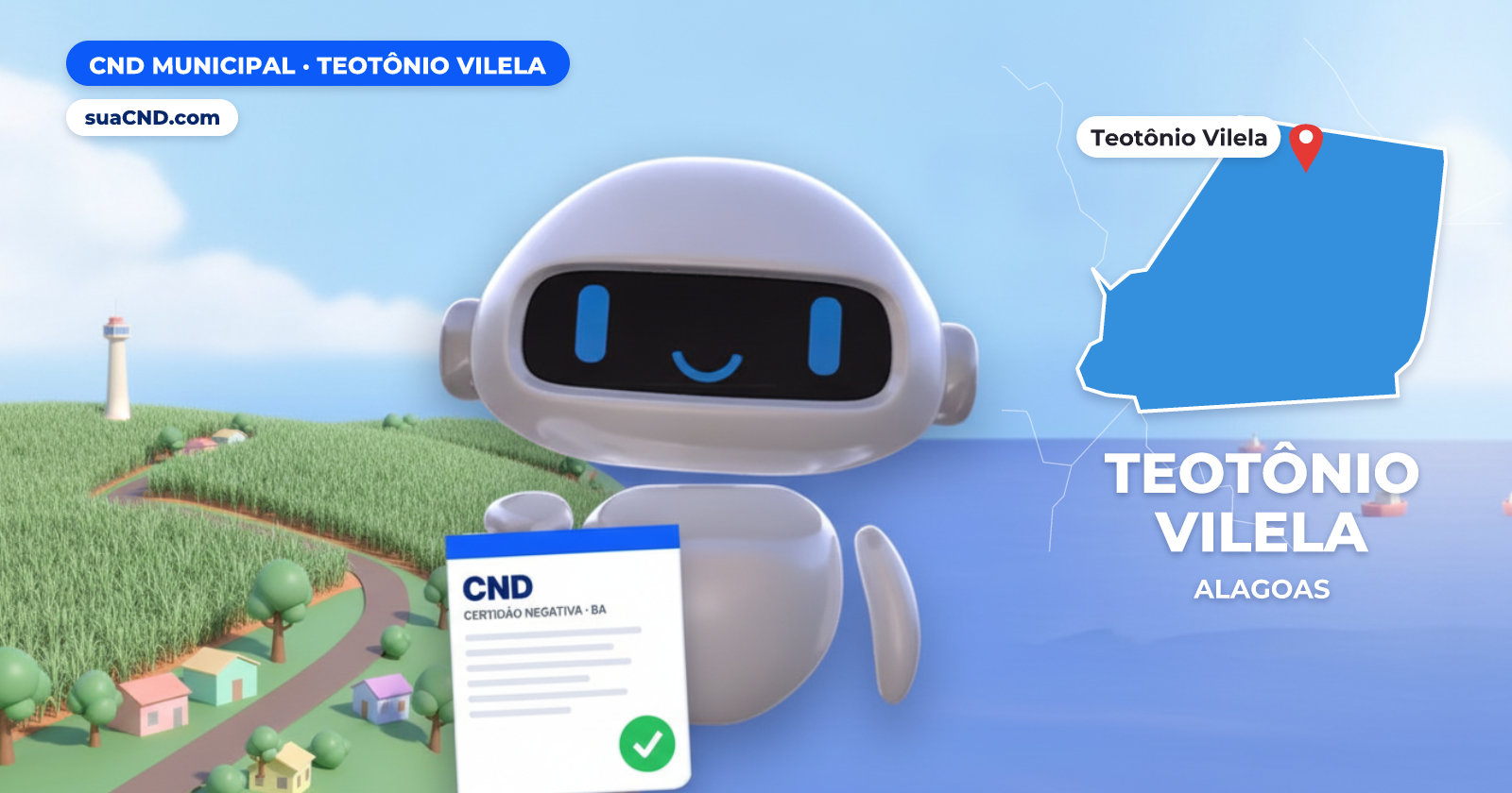 Mascote da suaCND segurando a CND Municipal de Teotônio Vilela, com o mapa de Teotônio Vilela e Canaviais do Leste Alagoano, a lavoura que sustenta a economia de Teotônio Vilela ao fundo
